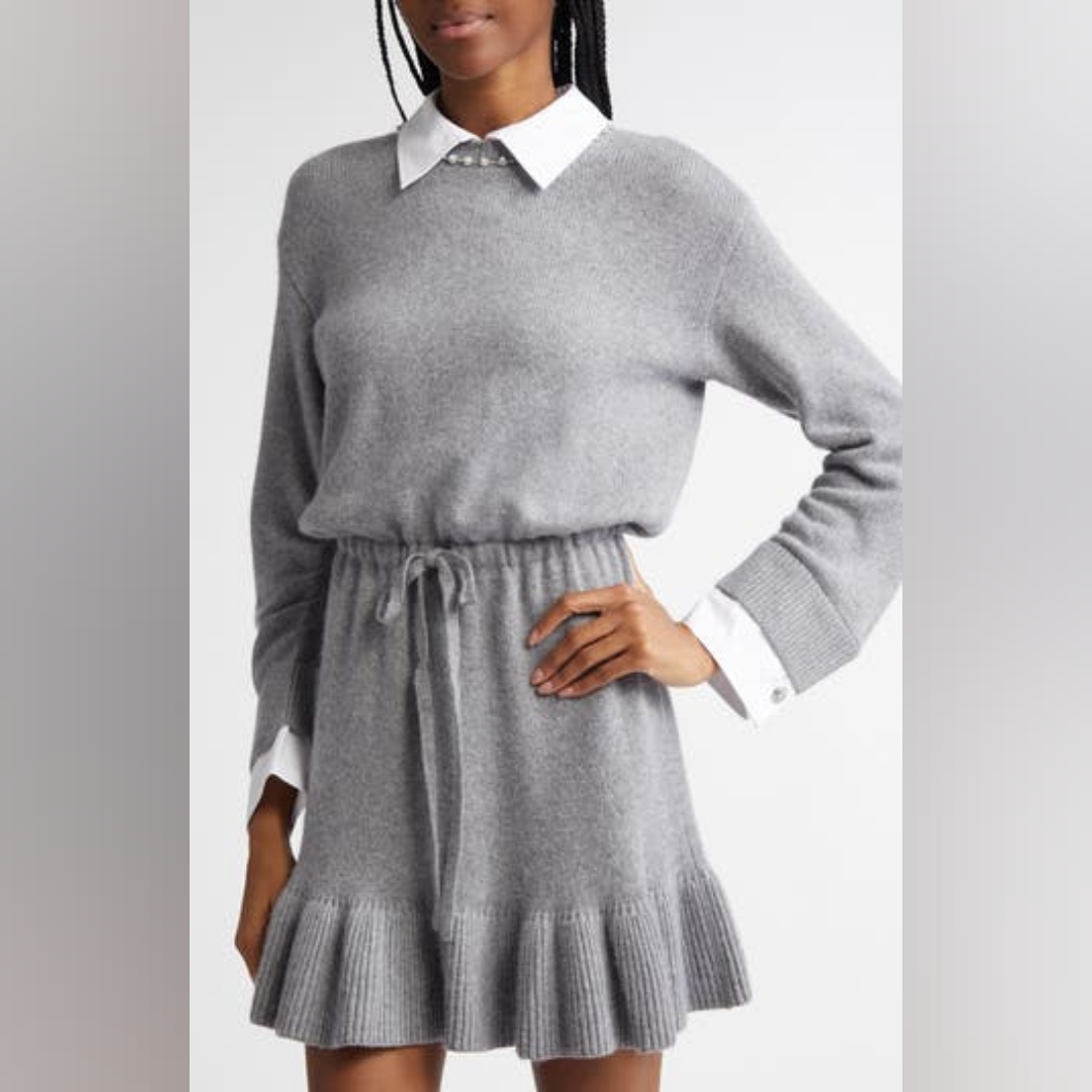 Cinq A Sept Gray Ruffled Long Sleeve Dress